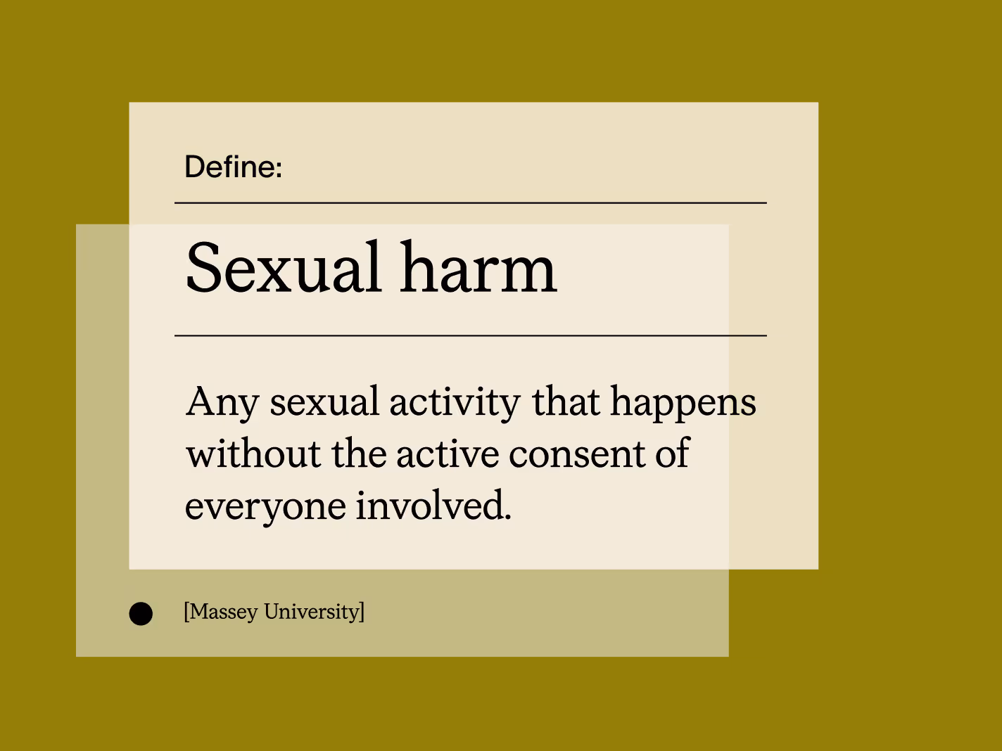 An typographic illustration that says "Sexual harm: any sexual activity that happens without the active consent of everyone involved."